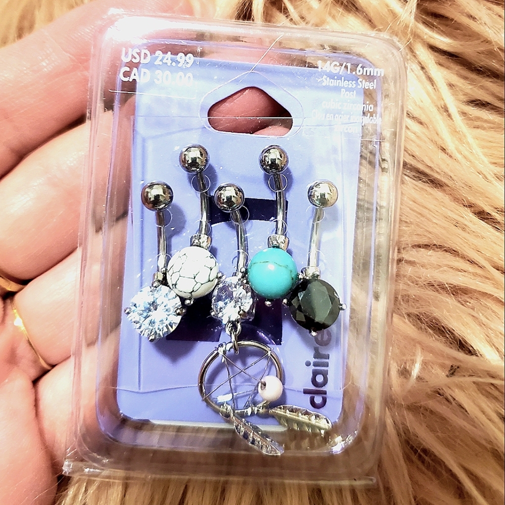 NWT-5pk, Belly button piercing jewelry, Claire's stainless steel posts